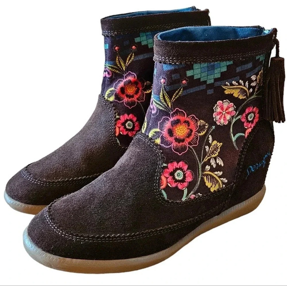Desigual Carlas Suede Leather Bohemian Floral Hippie Ankle Brown Boots Size 37. - Picture 4 of 13